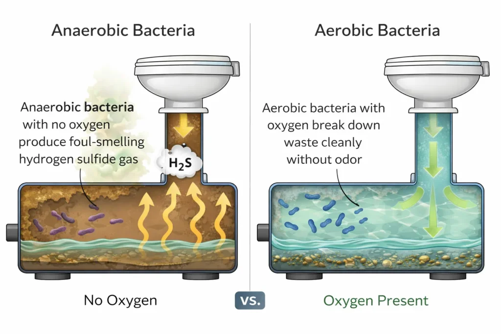anaerobic vs aerobic bacteria effect on RV black tank odor diagram