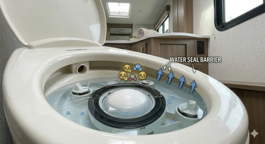 RV toilet bowl water barrier preventing sewer gas smell