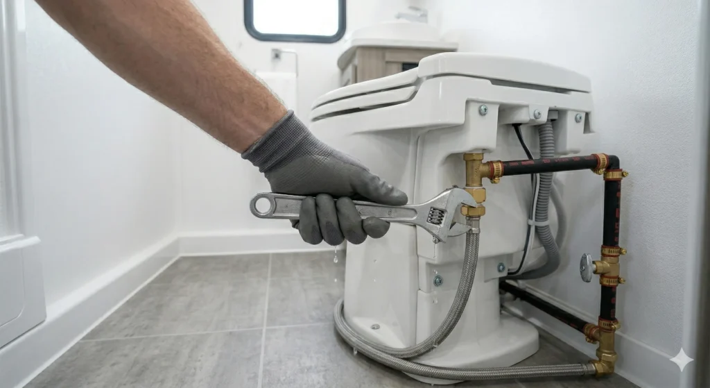 Disconnecting water supply line from RV toilet valve