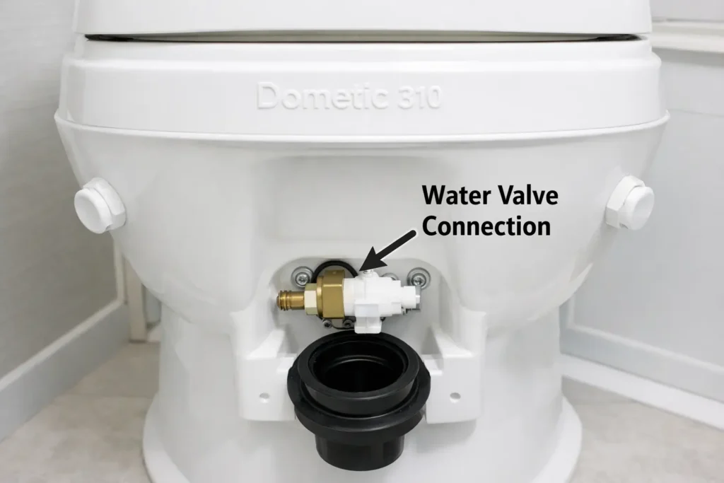Dometic RV toilet water valve location behind toilet