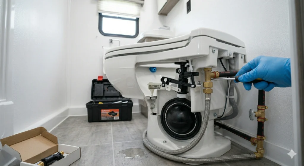 Thetford RV toilet water valve location inside base housing