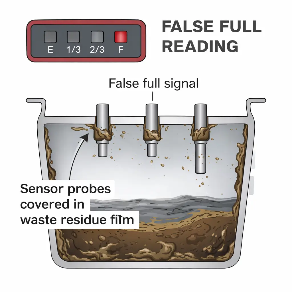 RV black tank sensor covered with residue causing false reading and odor issues