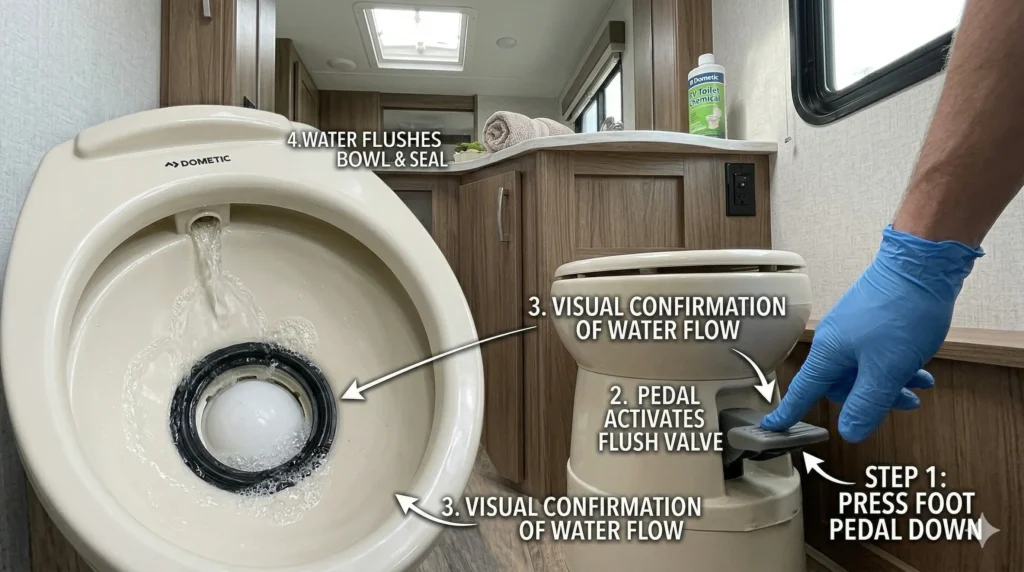 proper RV toilet flushing technique using enough water to prevent odor buildup