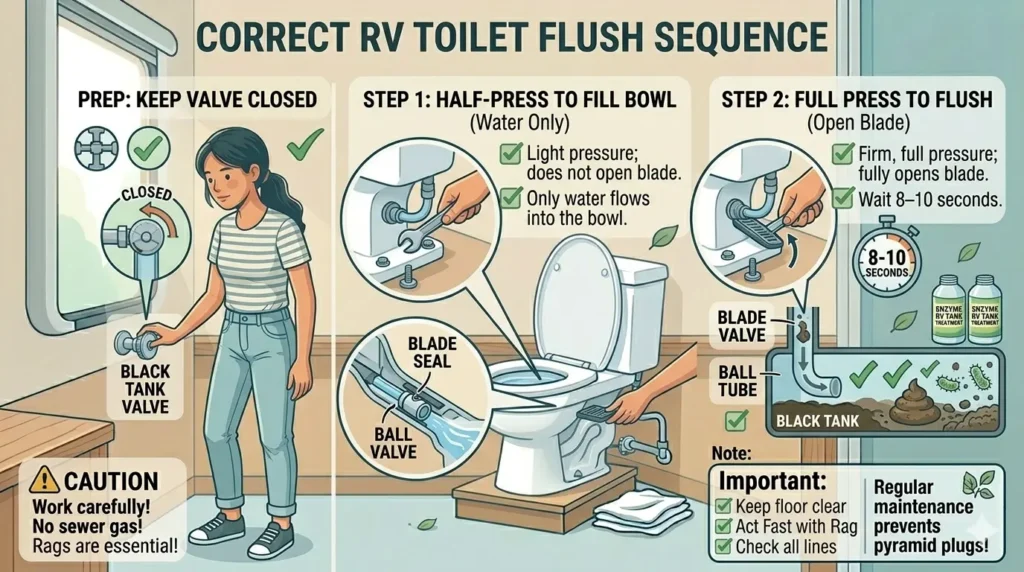 Image 2 Correct RV toilet flush sequence — half press to fill bowl, full 8–10 second press to flush