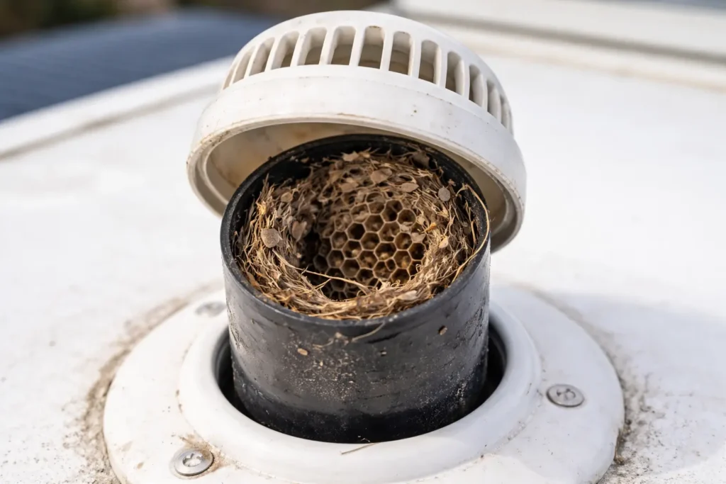 blocked RV black tank vent pipe causing toilet odor problem