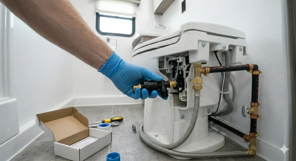 Installing new RV toilet water valve inside toilet housing