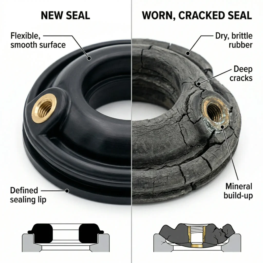 RV toilet water valve rubber seal worn vs new comparison