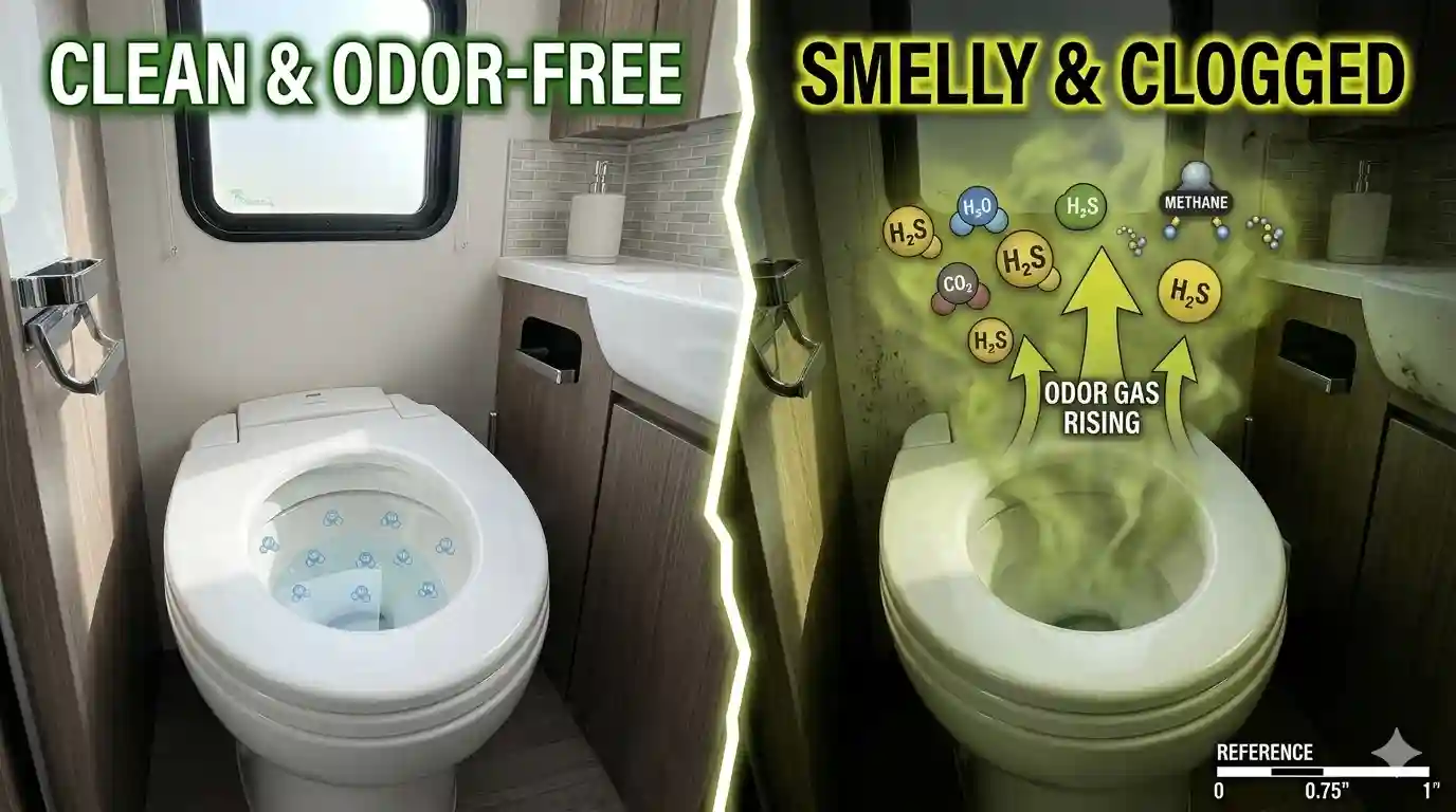 RV toilet smell after dumping problem visual showing odor gas from toilet bowl