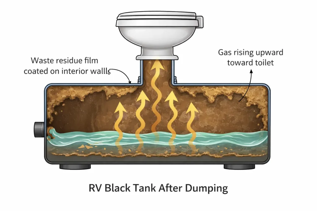 RV black tank wall residue causing odor after dumping diagram