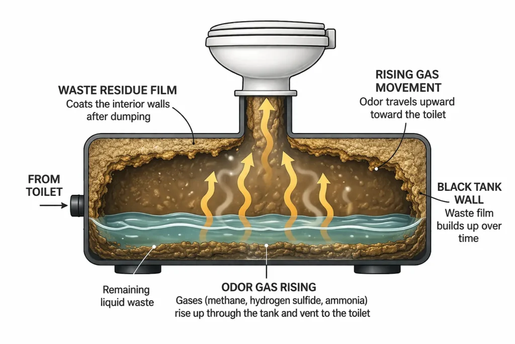 RV black tank wall buildup causing rebound odor after dumping