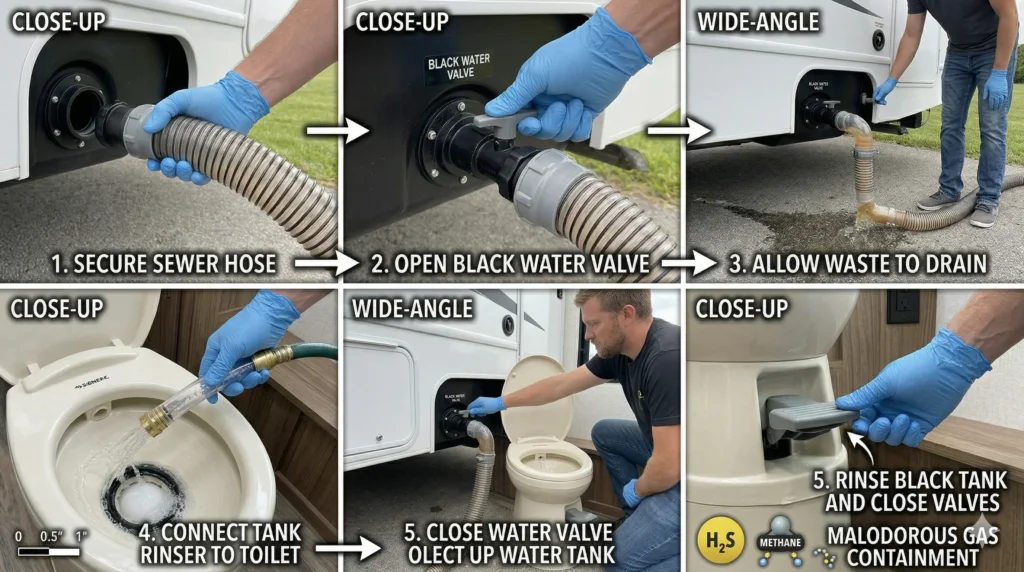 step by step RV black tank dumping and rinsing process diagram