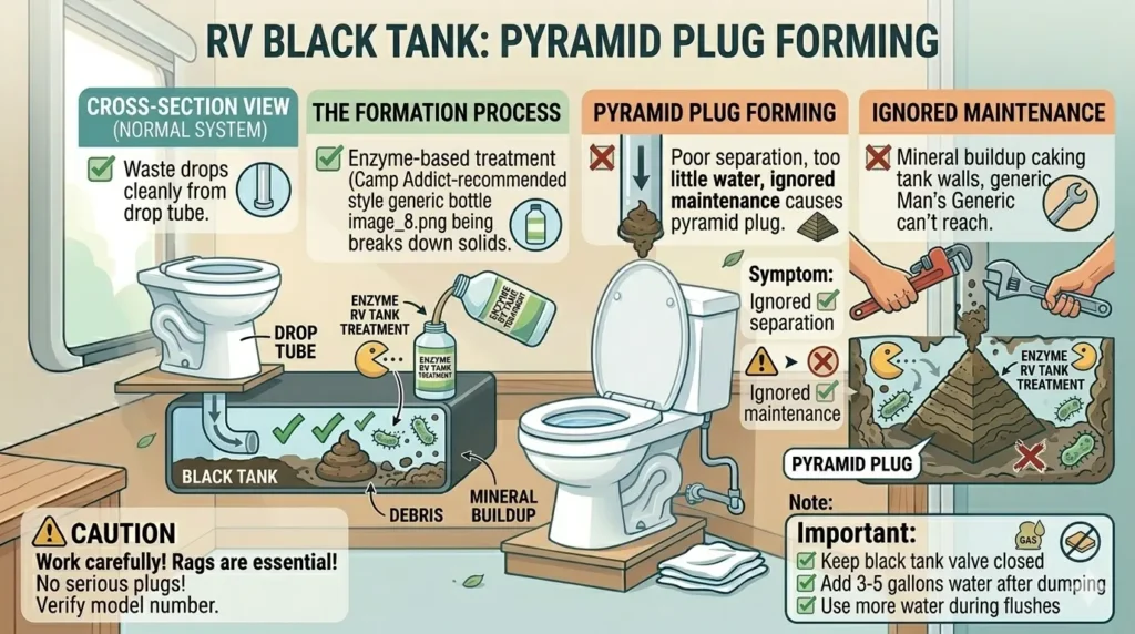 RV black tank pyramid plug diagram showing waste buildup under toilet drop tube