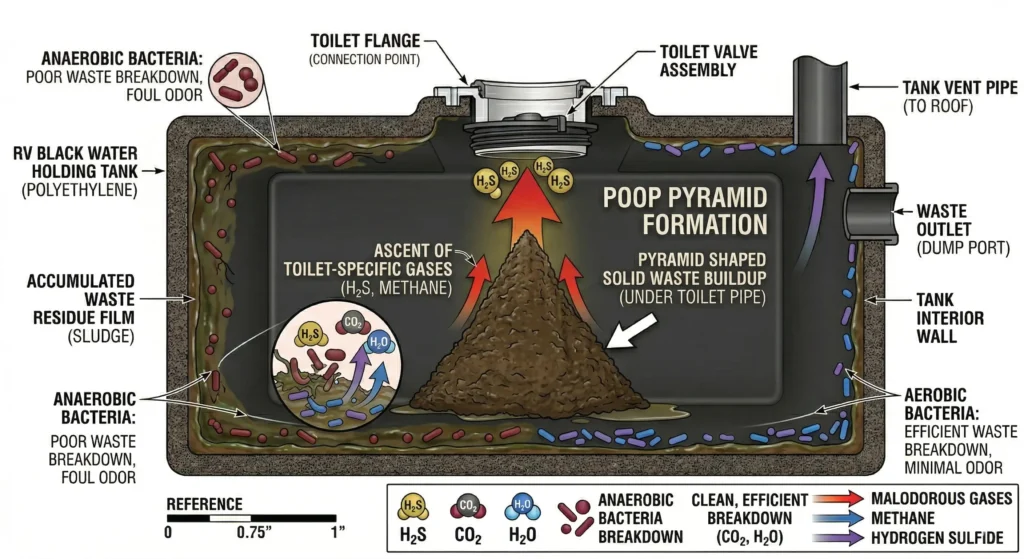 RV black tank poop pyramid buildup caused by leaving valve open