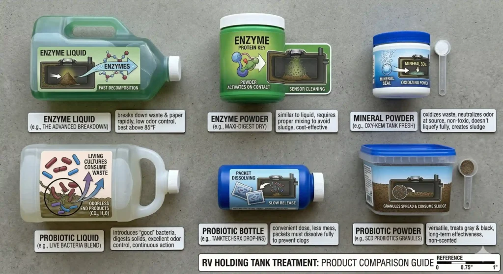 RV black tank treatment types enzyme mineral probiotic comparison