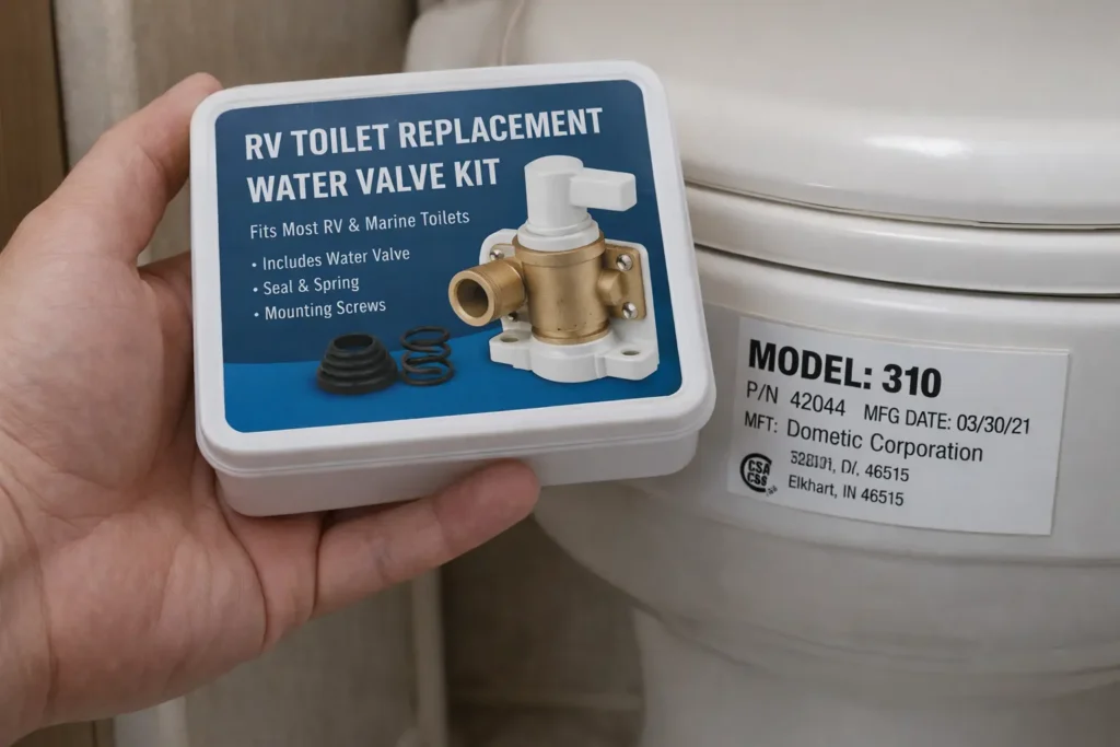 RV toilet model label used to find correct water valve replacement
