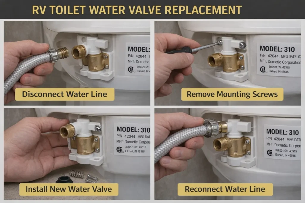Step-by-step RV toilet water valve replacement process overview