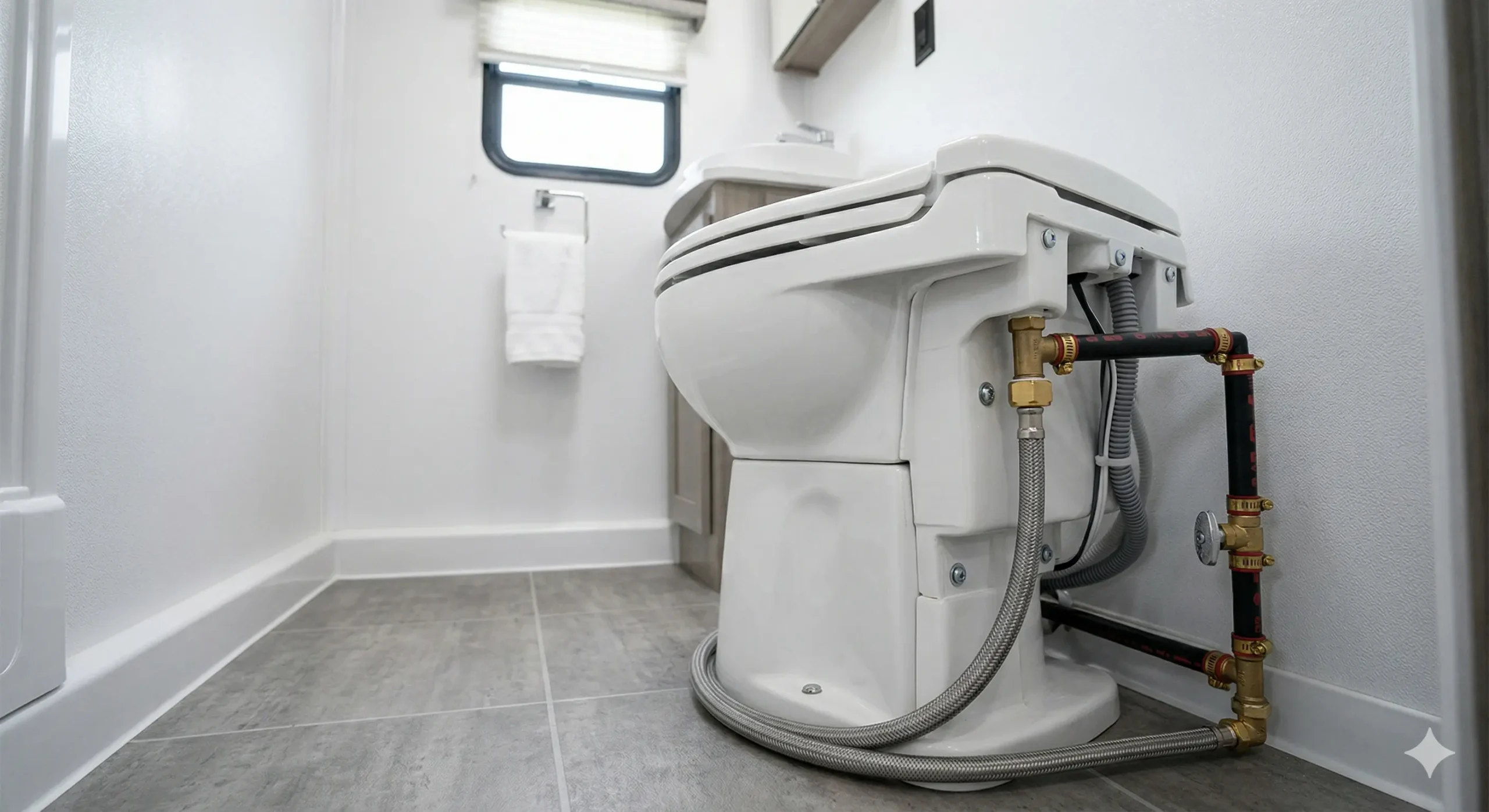 RV toilet water valve location behind toilet connection