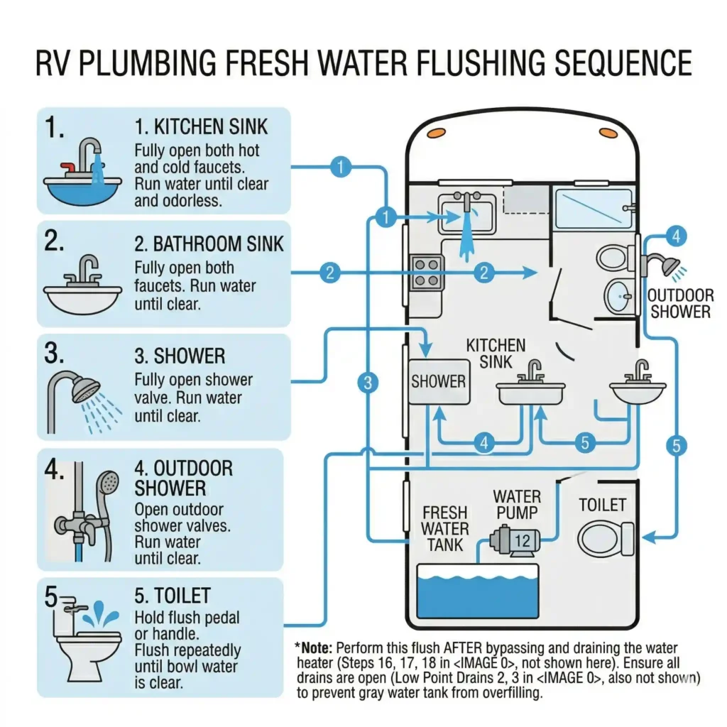 RV plumbing antifreeze flushing order diagram kitchen sink bathroom sink shower toilet sequence