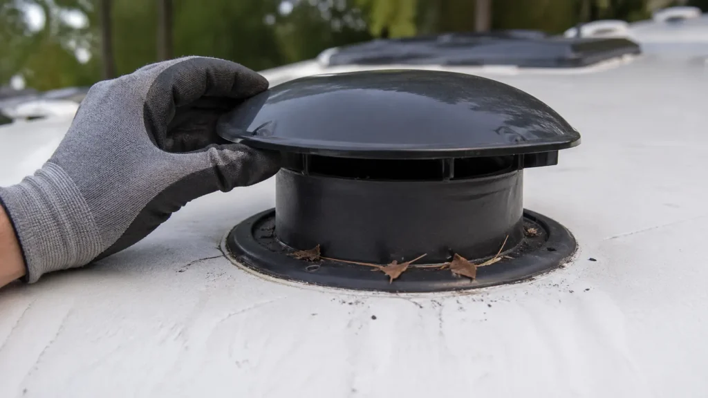 Blocked RV black tank roof vent causing toilet odor