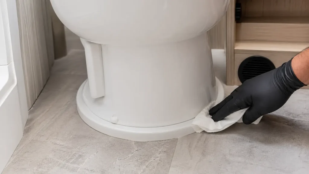 Checking RV toilet floor flange seal for odor leaks