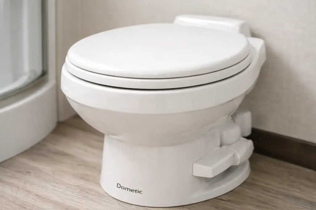 close-up ceramic bowl design of Dometic 310 RV toilet