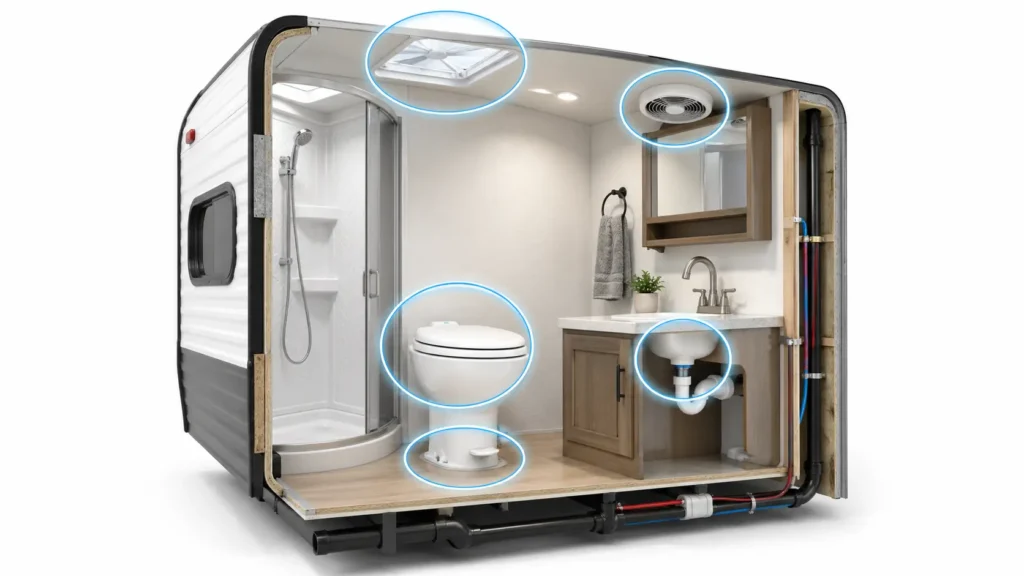 RV toilet odor diagnosis points including fan, vent, seal, and gray tank