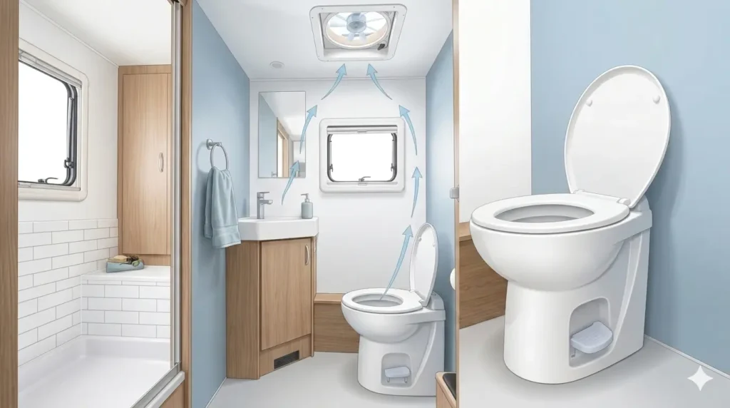 RV bathroom fan pulling odor upward during toilet flushing