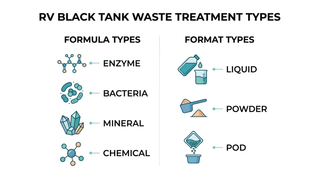 Comparison diagram between RV toilet treatment formula types and delivery formats.