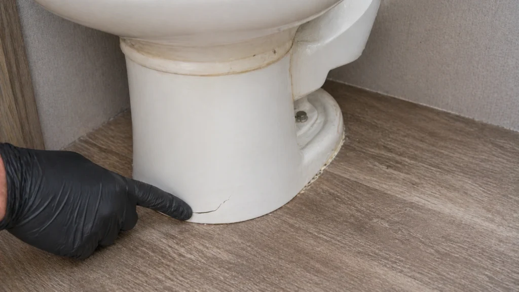Cracked RV toilet base showing when replacement may be needed