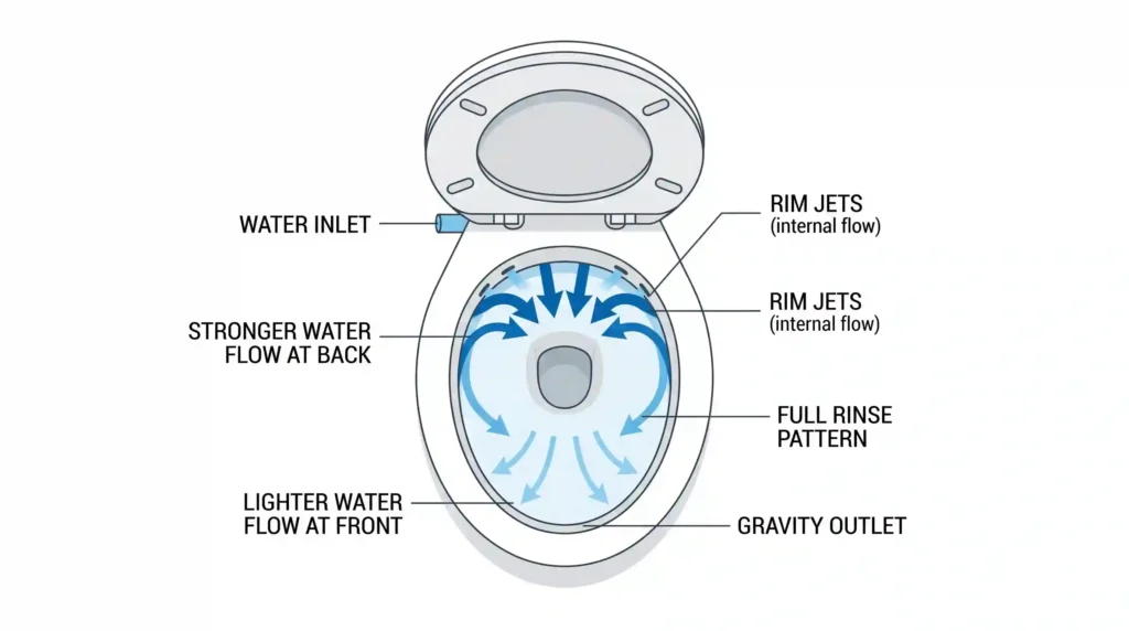 RV toilet flush water flow pattern diagram showing rear strong and front weaker rinse