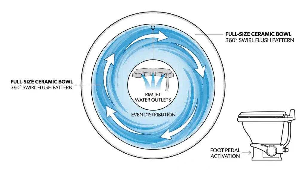 360 degree swirl flush pattern diagram of Dometic 310 PowerFlush system