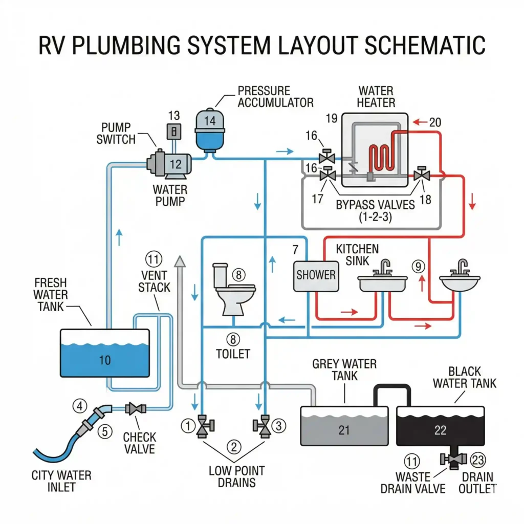 RV plumbing system diagram showing fresh water tank pump valves and low point drains layout