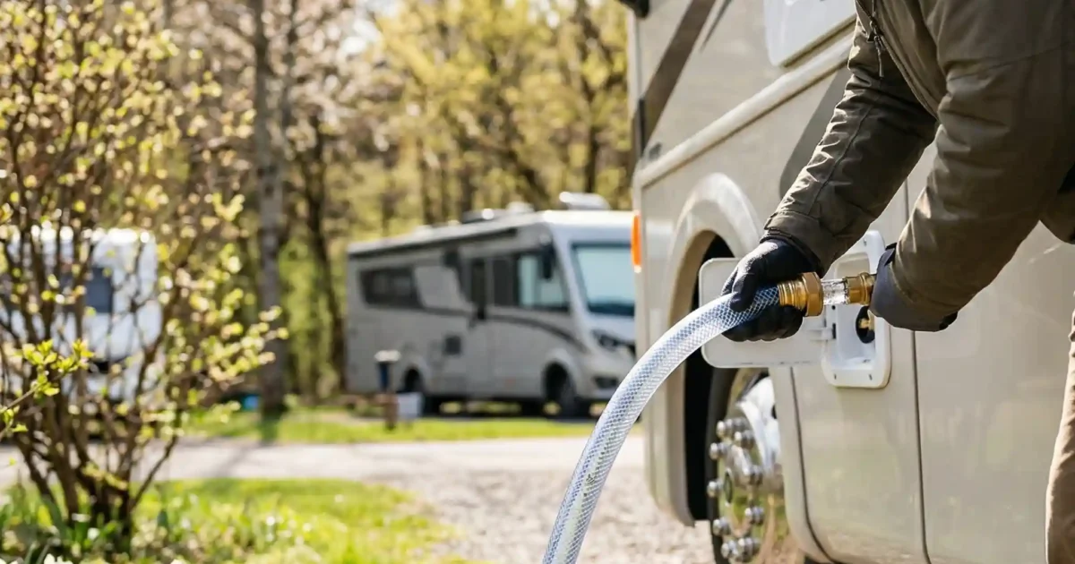 RV owner connecting fresh water hose to de-winterize RV plumbing system