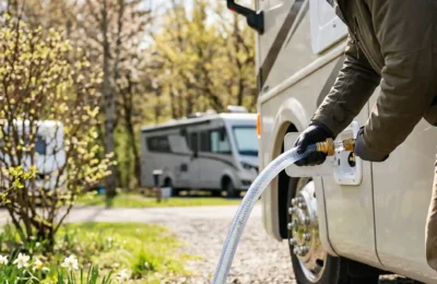 RV owner connecting fresh water hose to de-winterize RV plumbing system