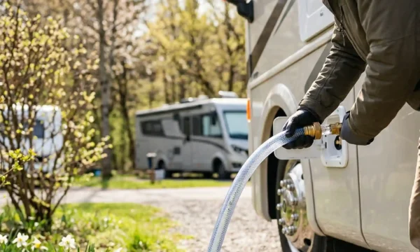 RV owner connecting fresh water hose to de-winterize RV plumbing system