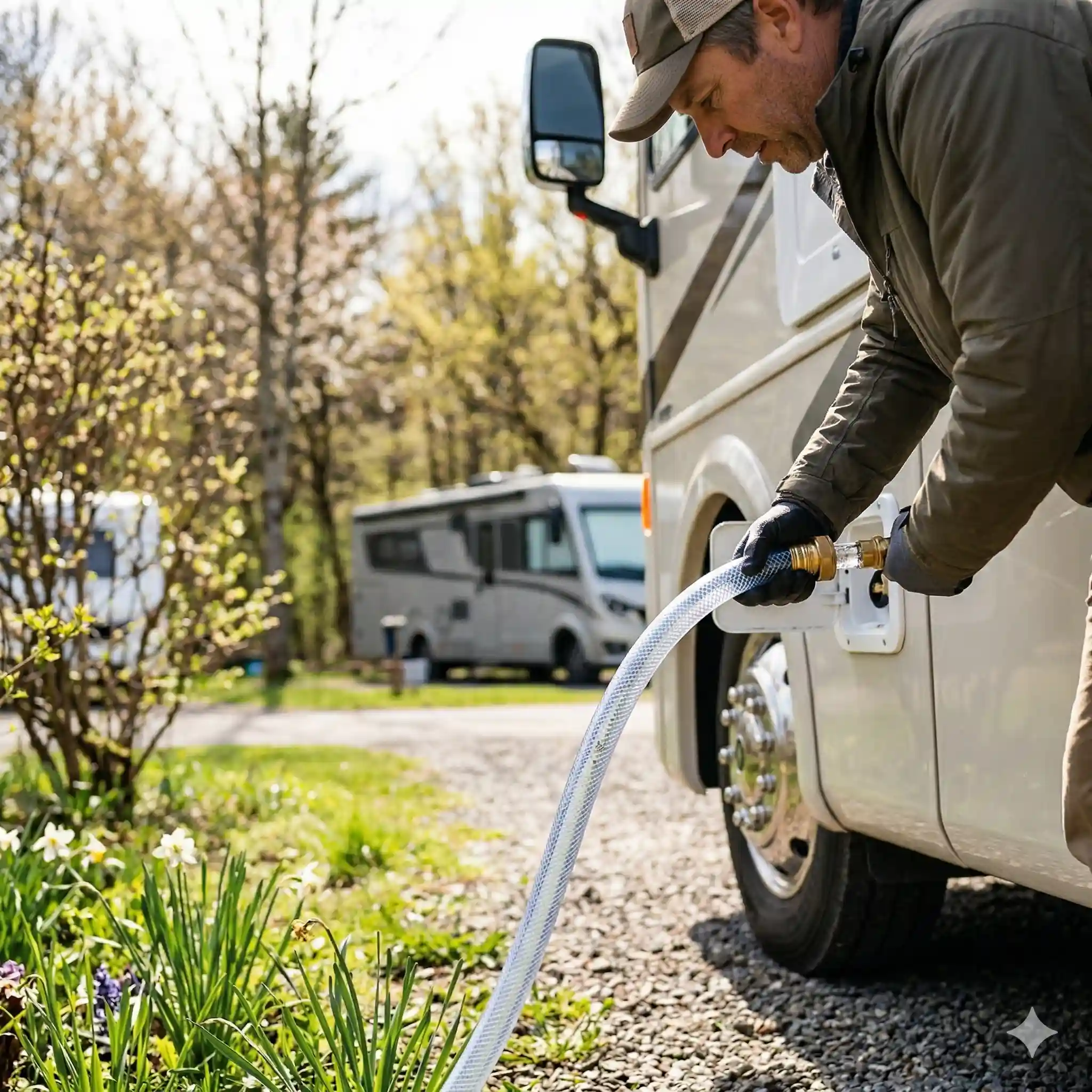 RV owner connecting fresh water hose to de-winterize RV plumbing system