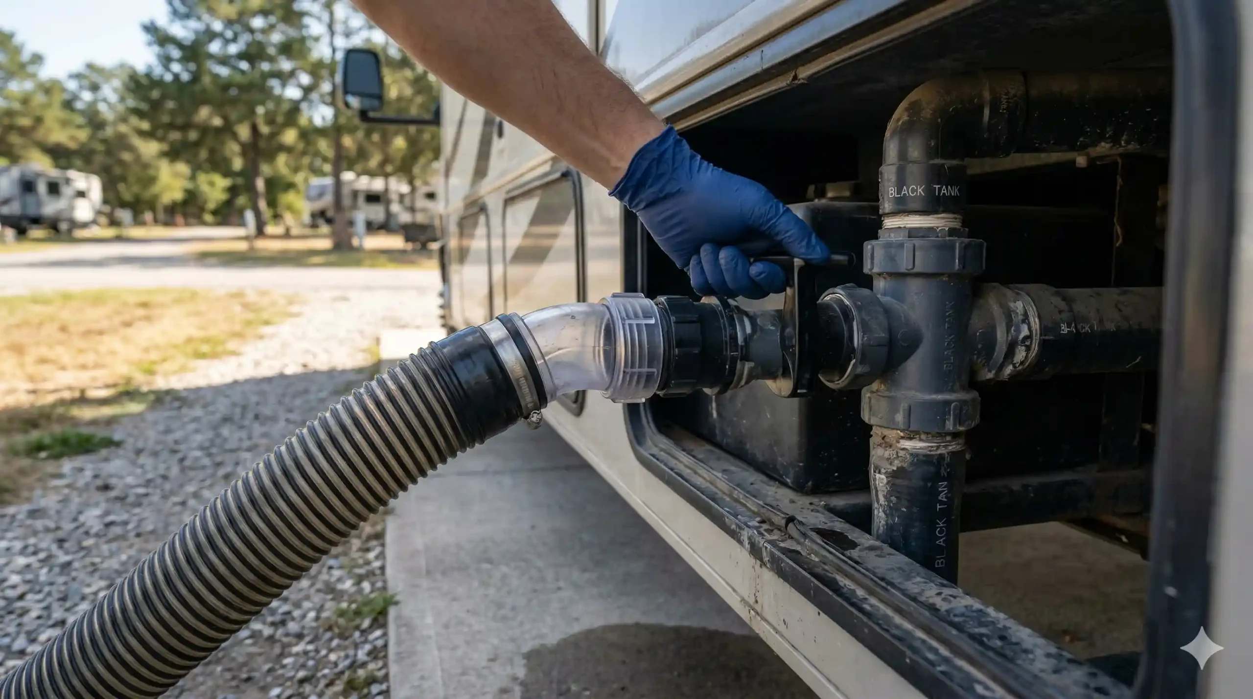 RV black tank gate valve being opened at dump station with sewer hose connected
