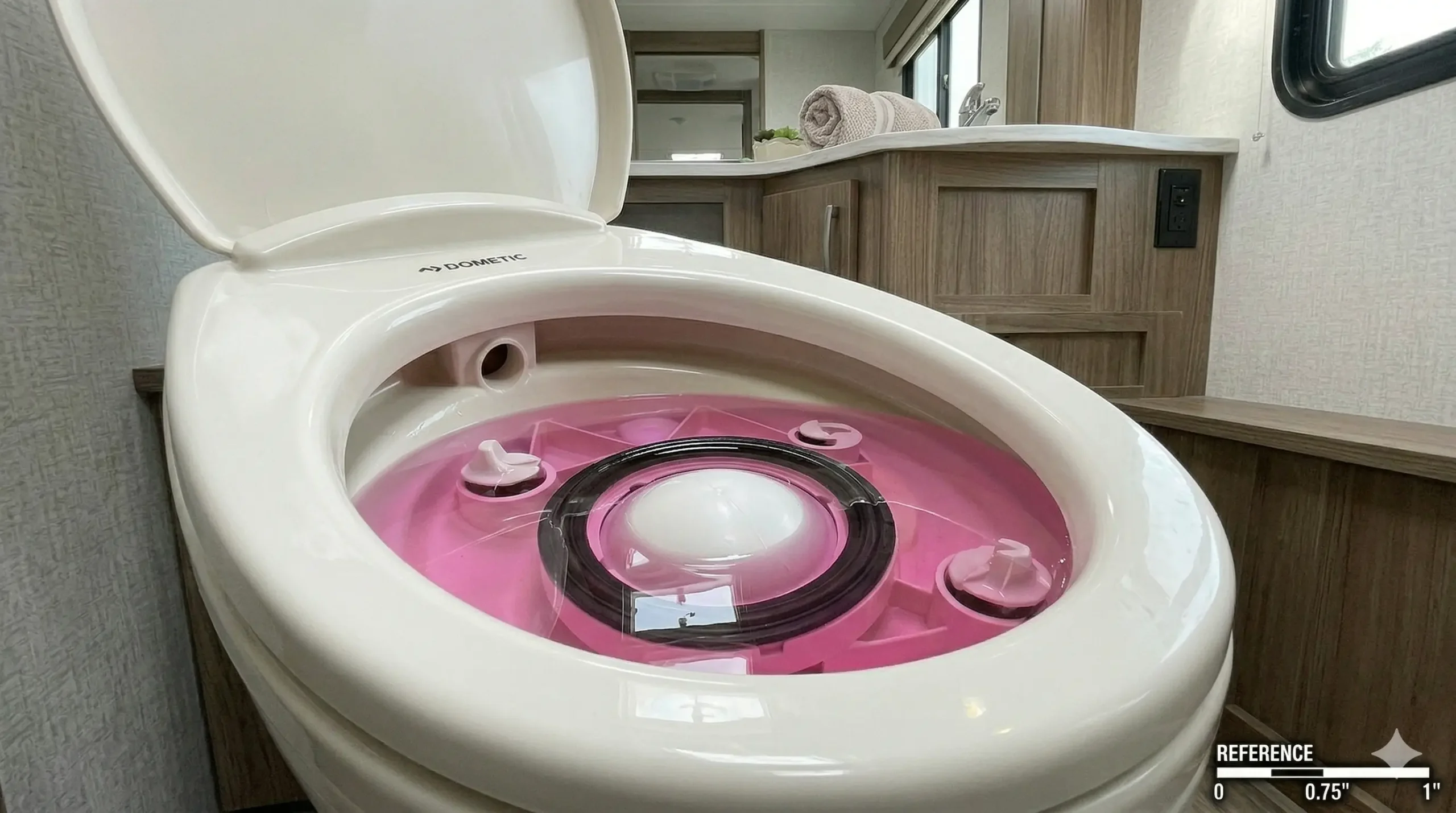 RV toilet winterized with pink antifreeze inside bowl