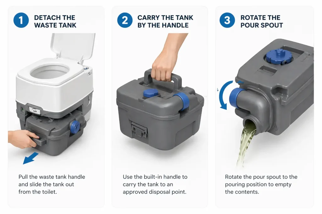 Step by step guide on how to empty a portable camping toilet cassette"