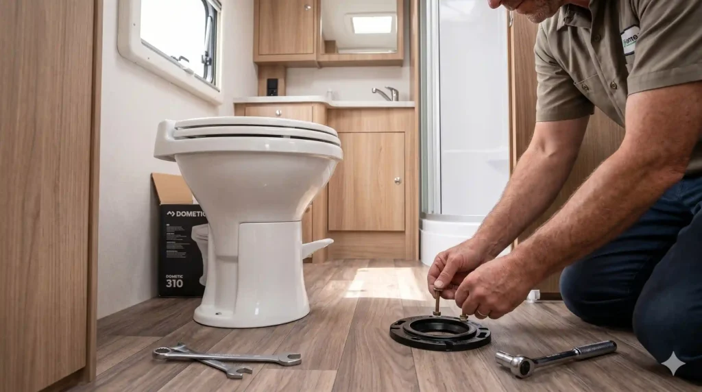 installing Dometic 310 RV toilet on floor flange inside camper bathroom