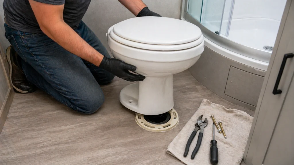 Installing a new RV toilet onto the floor flange