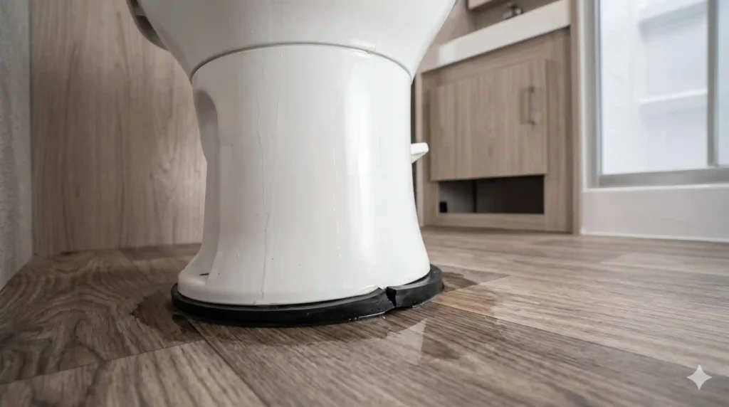 example of RV toilet leaking at base seal connection area