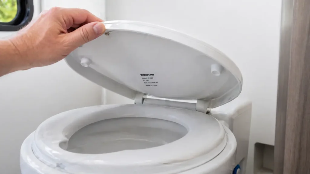 Checking the model number label on a Thetford camper toilet