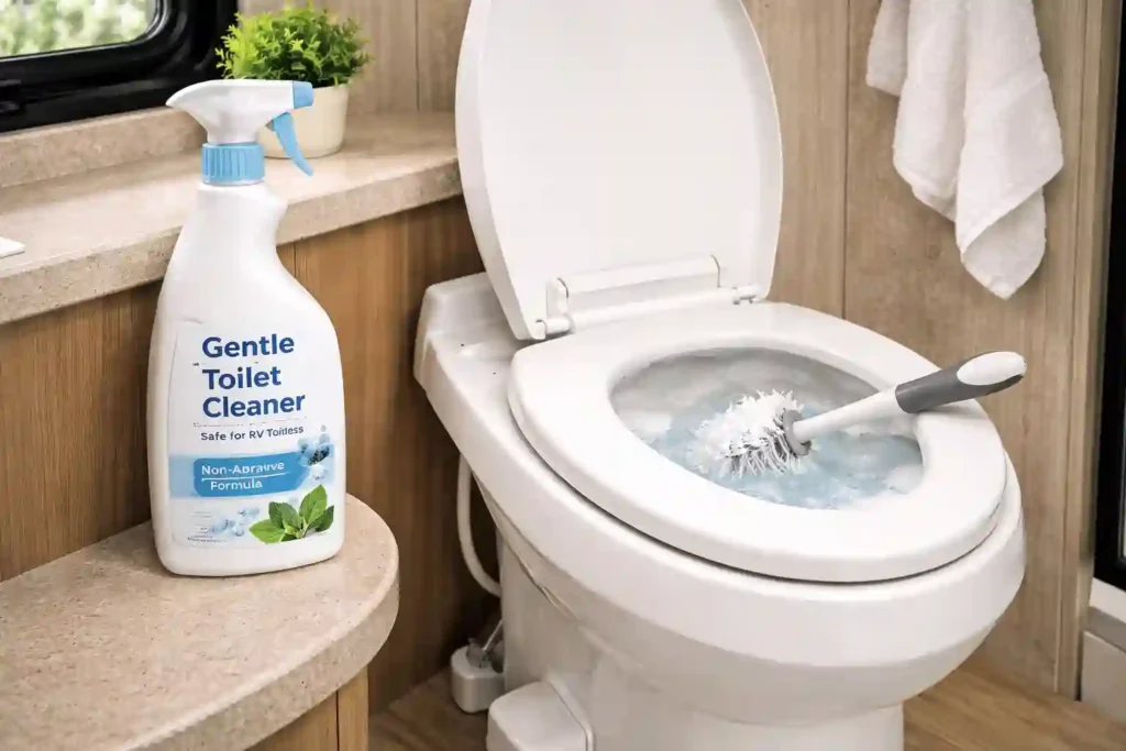 RV toilet cleaning scene showing gentle non abrasive cleaner bottle next to ceramic RV toilet bowl, clean modern camper bathroom environment, soft lighting, realistic photo style, high detail, minimal composition
