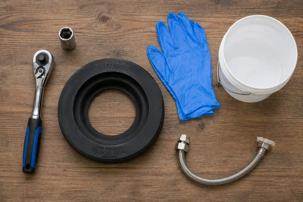 Necessary tools for RV toilet replacement including a socket wrench, floor seal, and gloves.