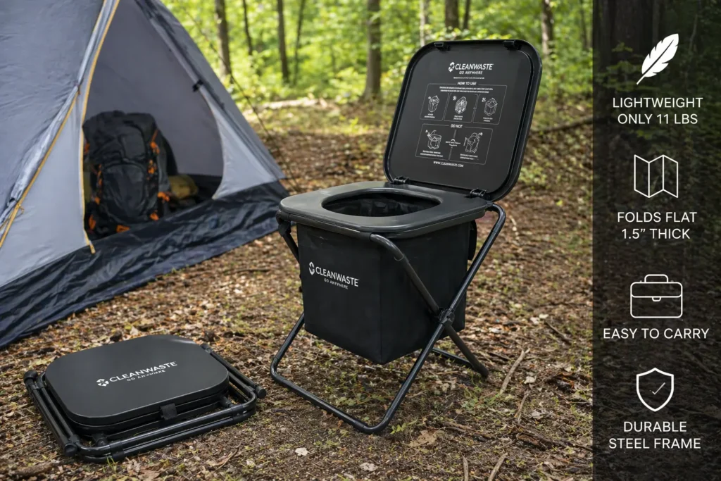 "Foldable bag-based camping toilet for off-grid hiking"