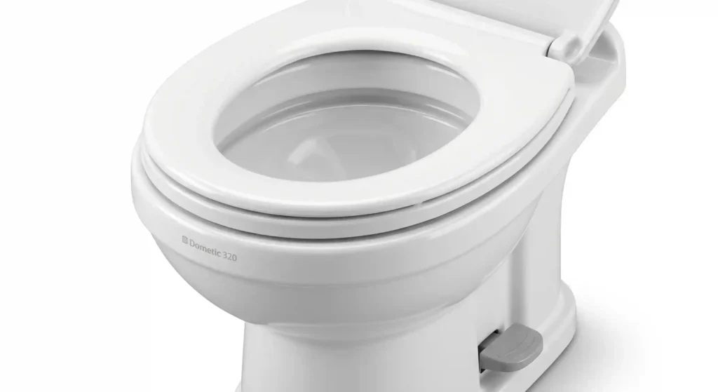 close-up view of Dometic 320 RV toilet ceramic elongated bowl design