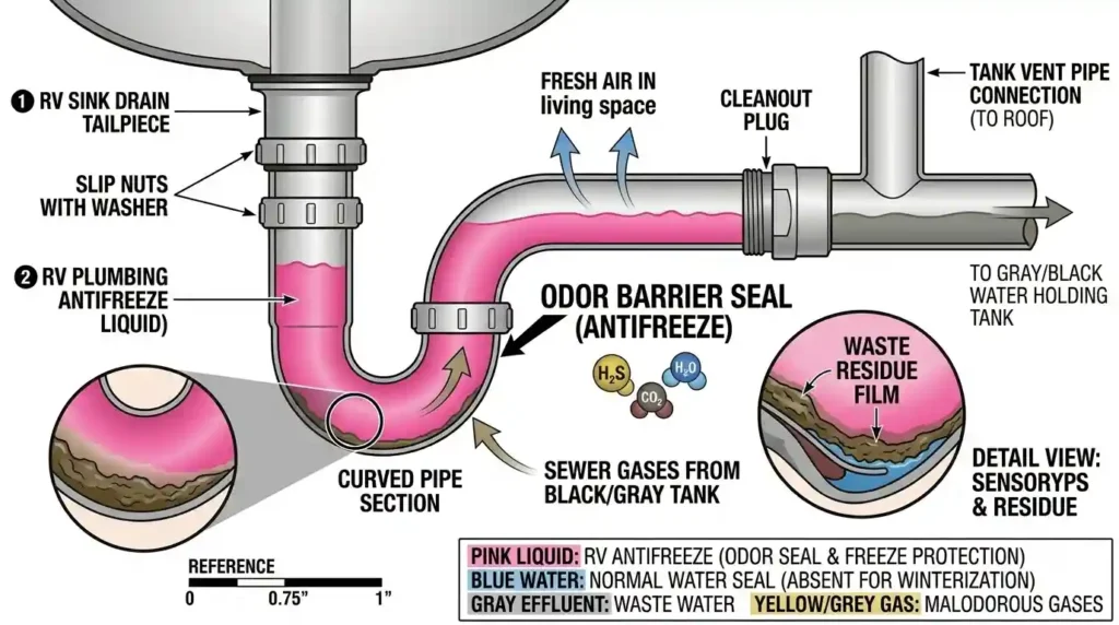 RV plumbing P-trap filled with antifreeze diagram