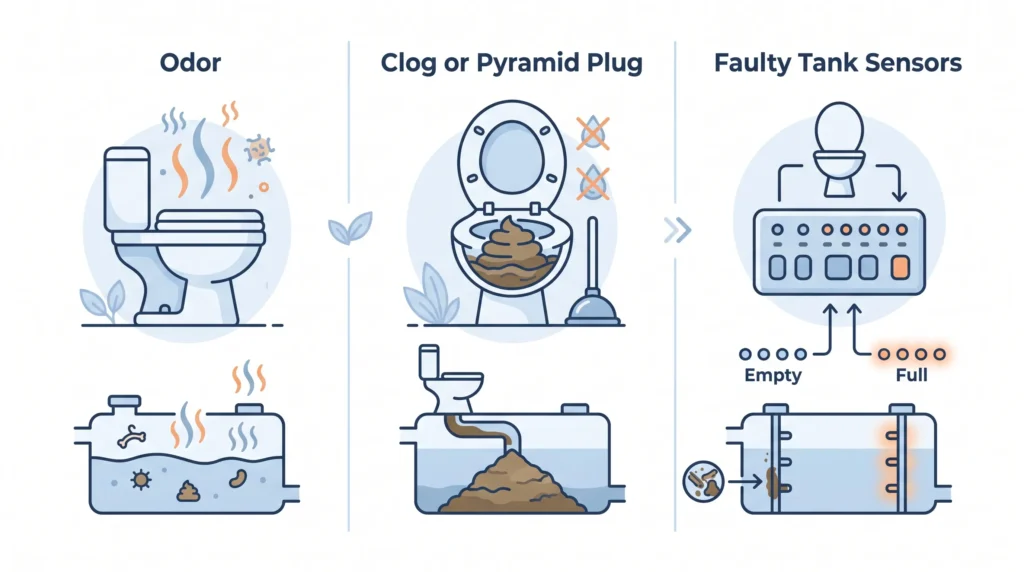 RV toilet odor clog and sensor problem illustration