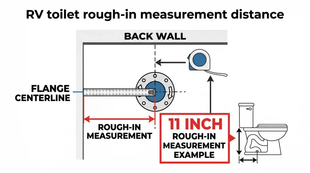 RV toilet rough-in measurement diagram showing 11 inch distance from wall to flange